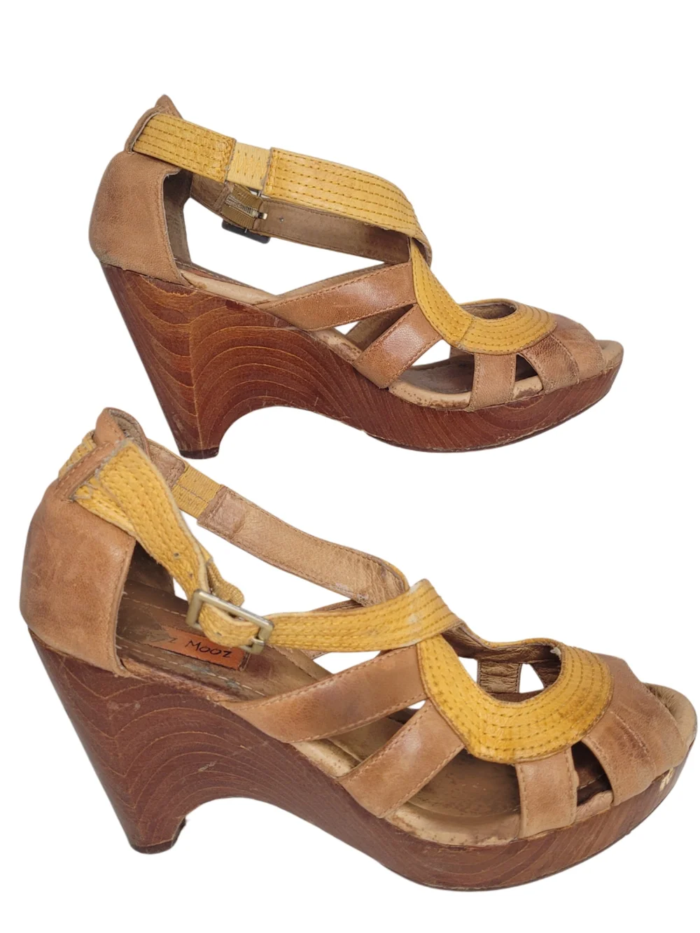 Miz Mooz Petra Yellow and Brown Leather & Wood Wedge Sandals